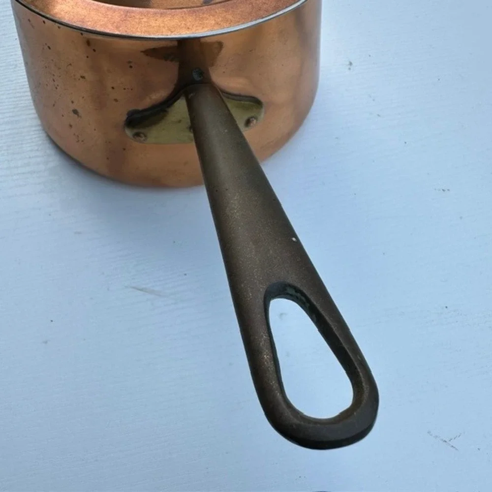 Vintage Copper Saucepan Lid Brass Handle Riveted Tin Lined Pot 7